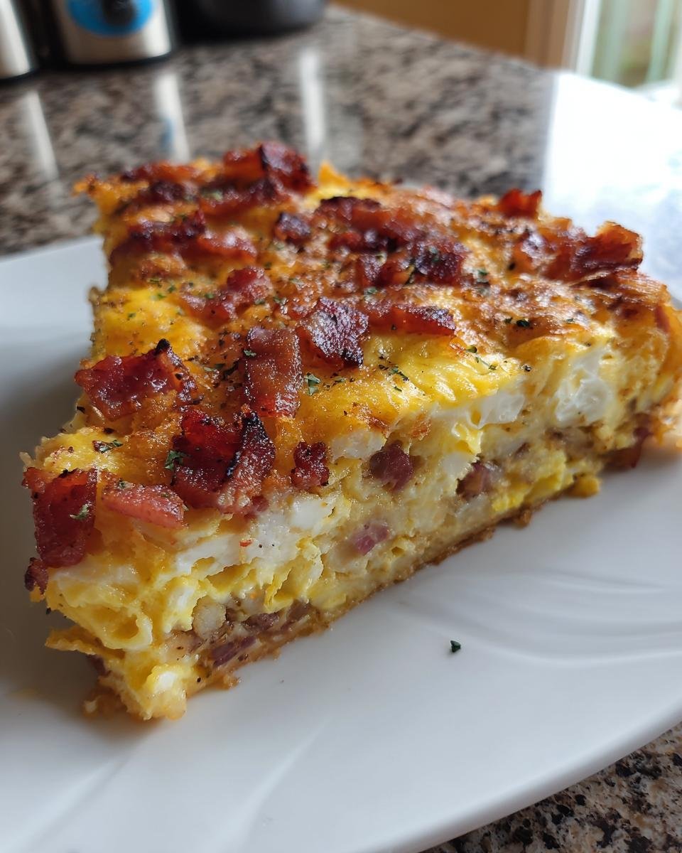 Nahaufnahme eines Kuchenschnitts der Bacon And Eggs Phyllo Fr&uuml;hst&uuml;ckspizza mit knusprigem Speck.