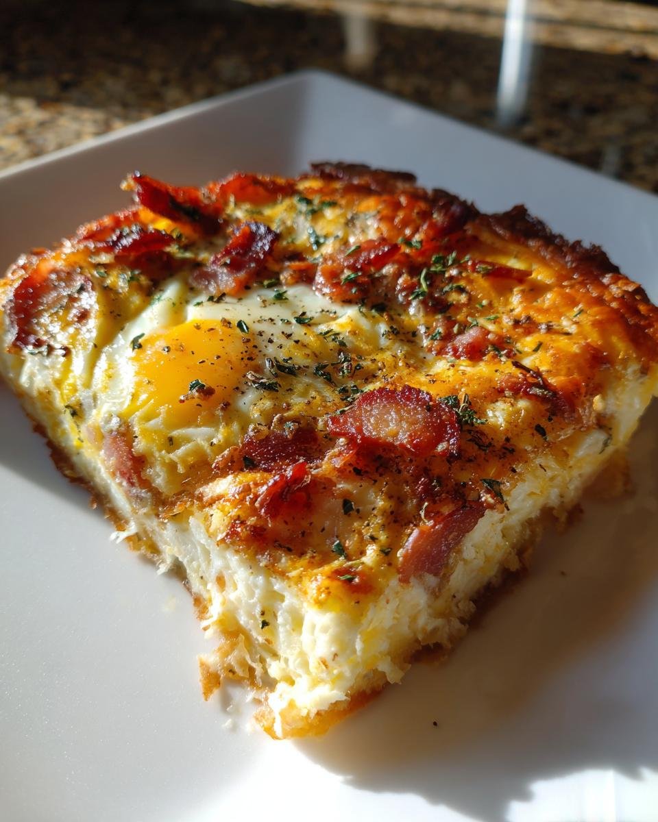 Nahaufnahme eines St&uuml;cks Bacon And Eggs Phyllo Fr&uuml;hst&uuml;ckspizza mit gebackenem Ei und knusprigem Speck.