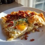 Ein St&uuml;ck Bacon And Eggs Phyllo Fr&uuml;hst&uuml;ckspizza mit Spiegelei, knusprigem Speck und Schnittlauch.