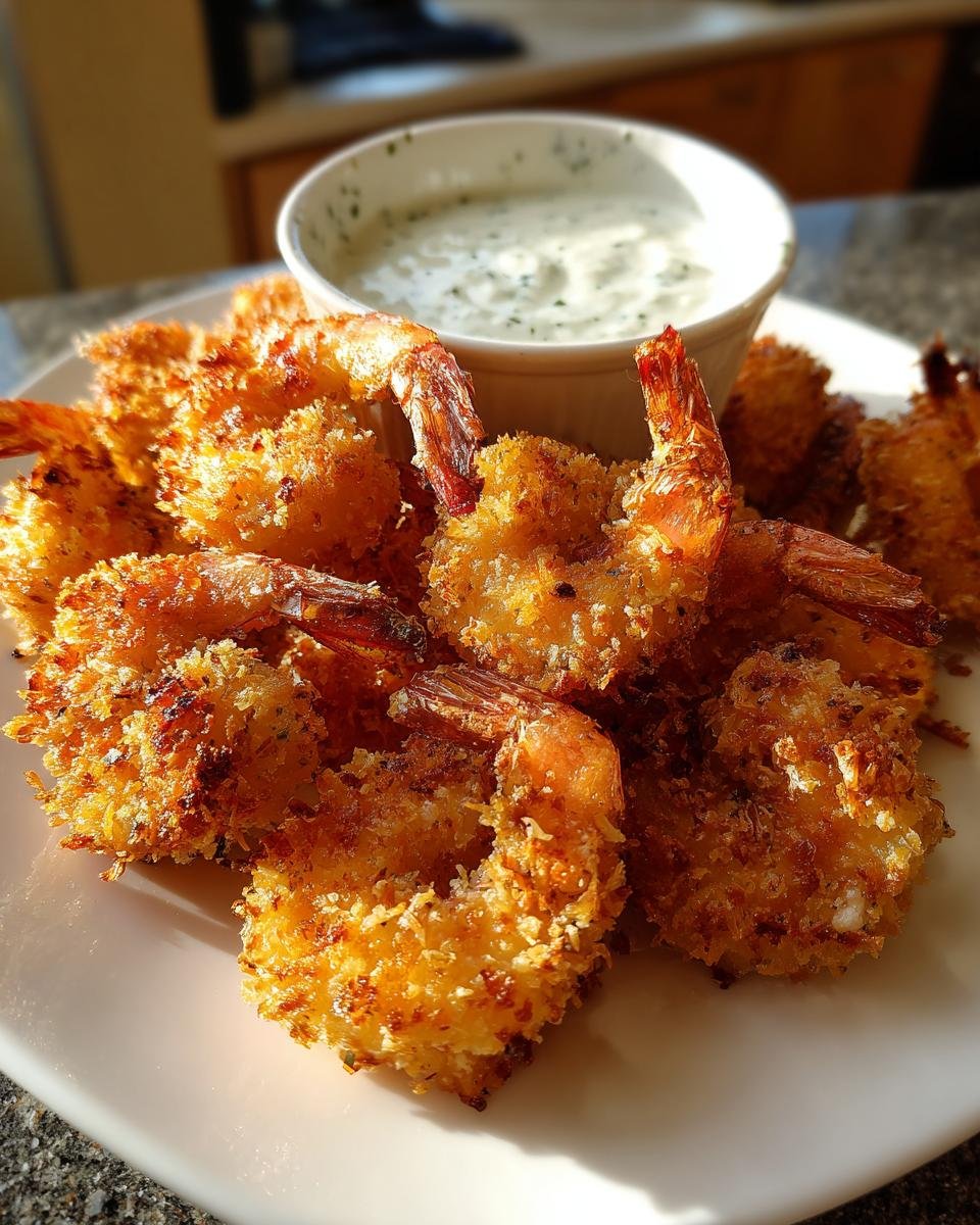 Goldbraune, knusprige Baked Batter Fried Shrimp auf einem Teller mit einem kleinen Sch&auml;lchen Knoblauch-Dip.