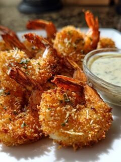 Teller mit knusprigen Baked Batter Fried Shrimp und einer Schale Knoblauch-Dip.