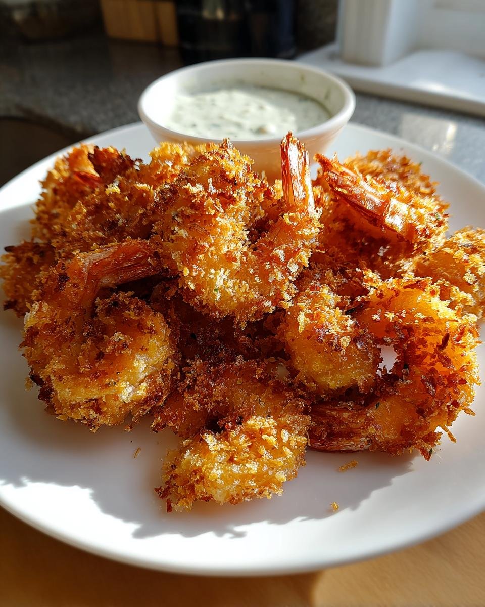 Teller mit knusprig gebackenen Baked Batter Fried Shrimp und einer Schale Knoblauch-Dip.