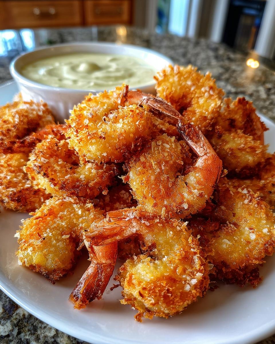 Ein Teller mit goldbraun gebackenen, panierten Baked Batter Fried Shrimp und einer Schale Knoblauch-Dip.