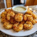 Teller mit goldbraun gebackenen Baked Batter Fried Shrimp und einer Schale Knoblauch-Dip.