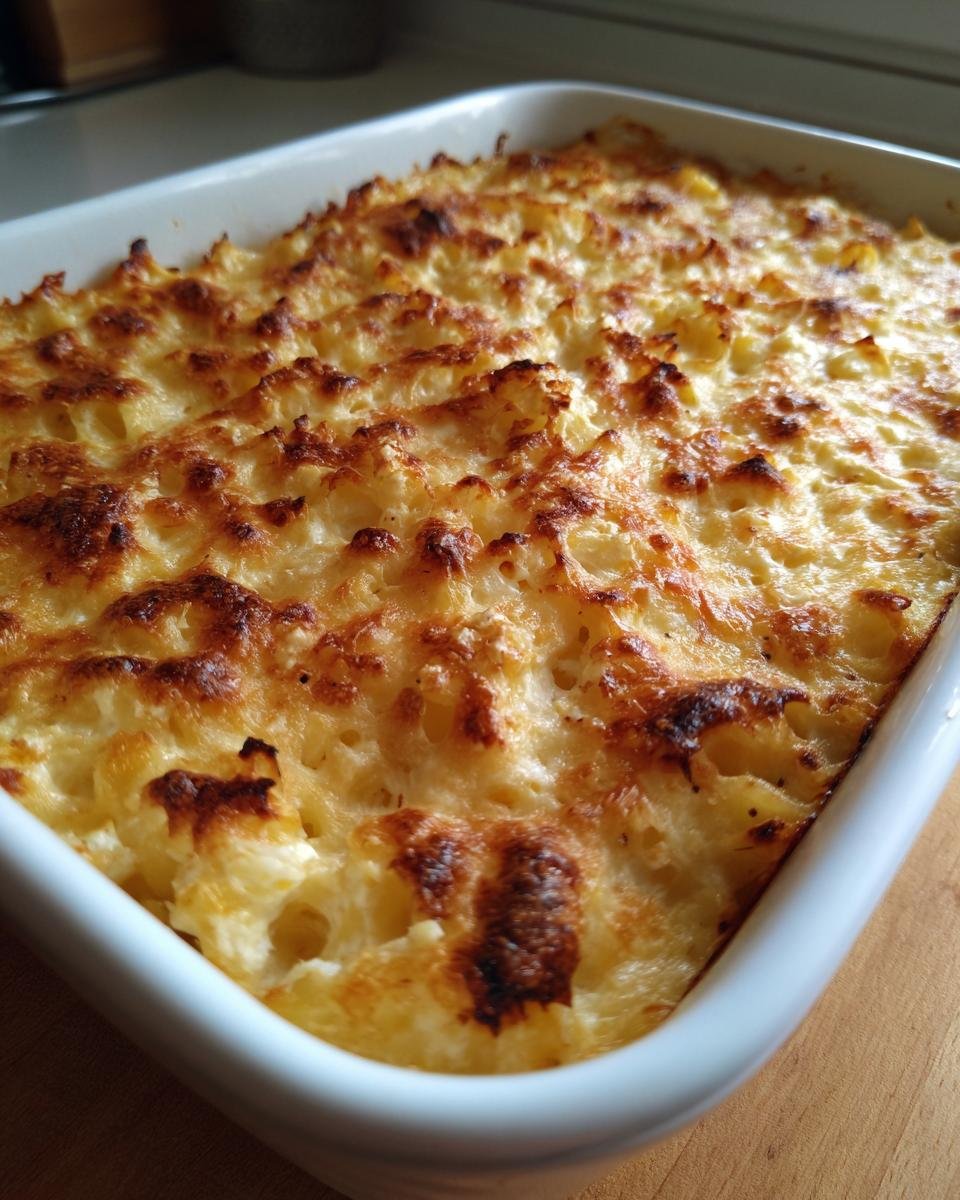 Nahaufnahme von &uuml;berbackene Makkaroni mit Feta K&auml;se, goldbraun und knusprig aus dem Ofen.