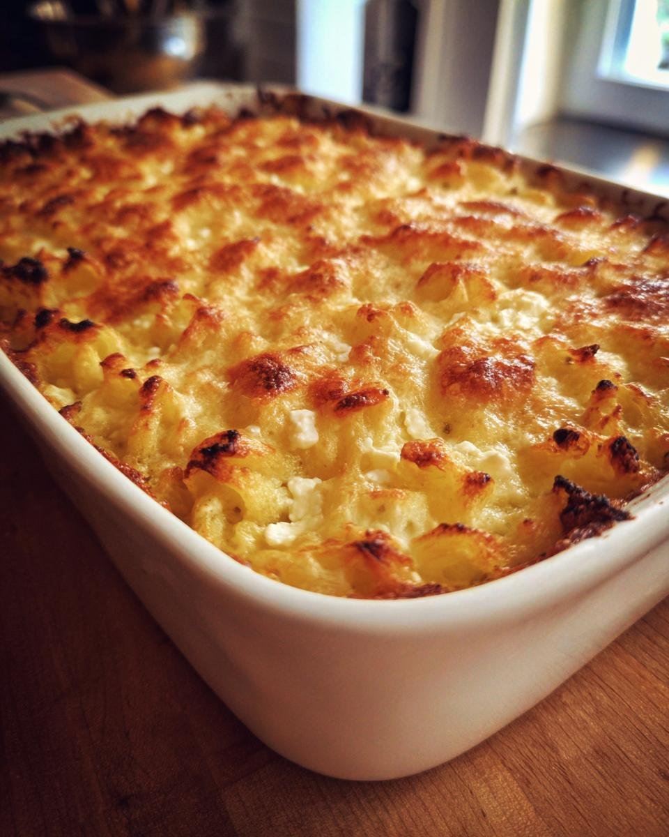 Nahaufnahme von &uuml;berbackenen Makkaroni mit Feta K&auml;se in einer wei&szlig;en Auflaufform mit goldbrauner Kruste.