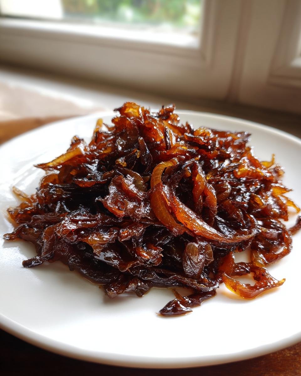 Nahaufnahme von glänzenden, dunkelbraunen Balsamic Caramelized Onions auf einem weißen Teller.