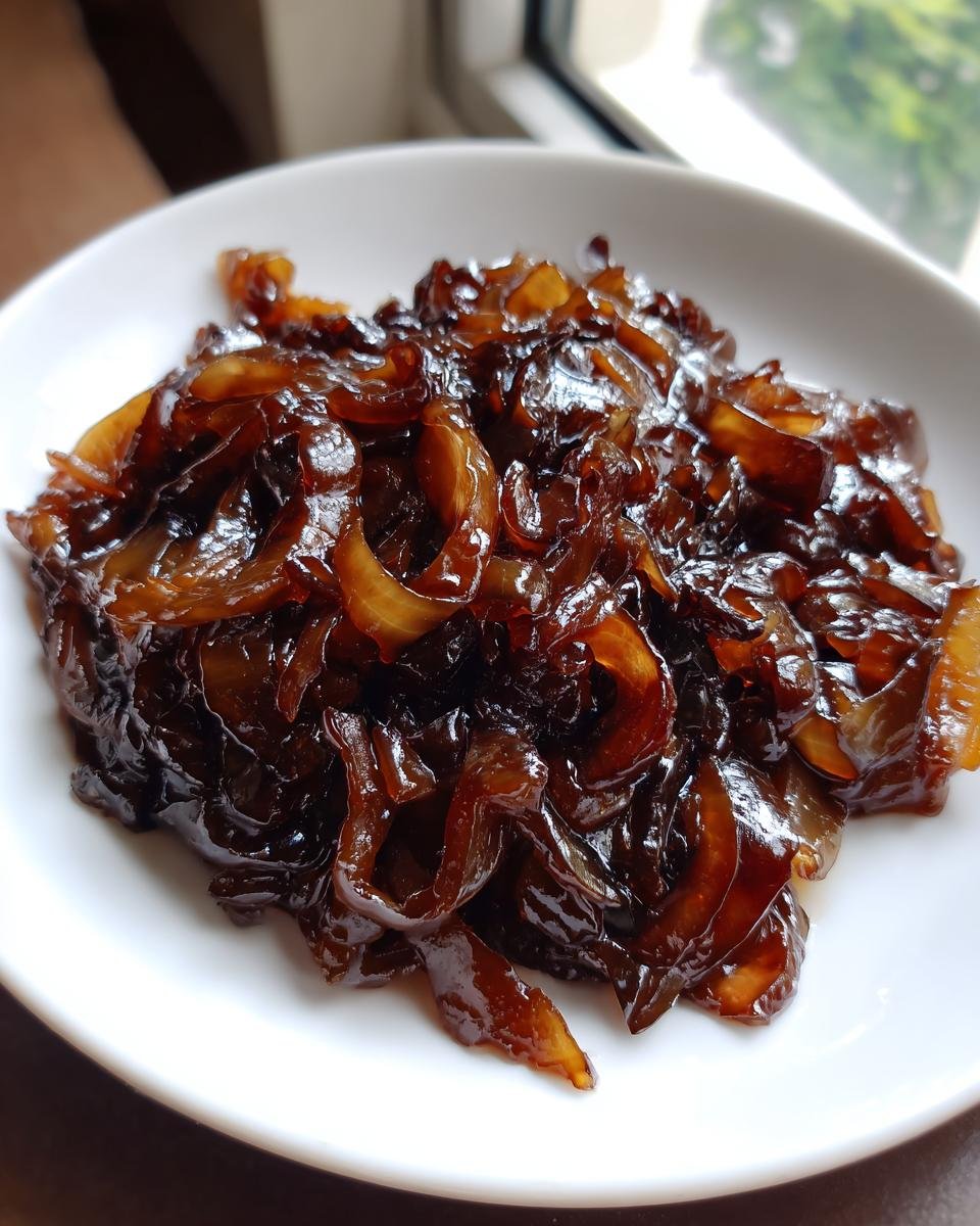 Nahaufnahme von dunklen, glänzenden Balsamico karamellisierte Zwiebeln auf einem weißen Teller.