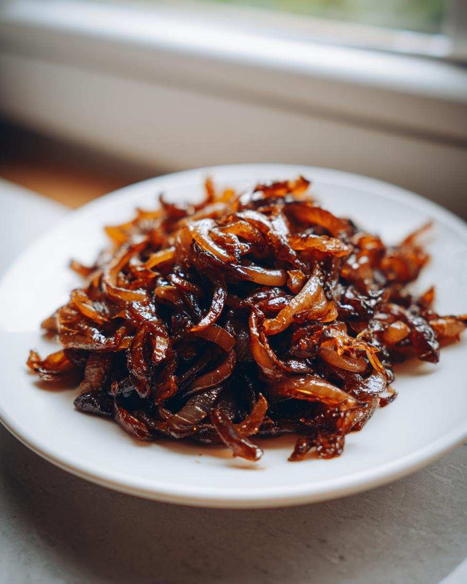 Nahaufnahme von dunkelbraunen, glänzenden Balsamico Karamellisierte Zwiebeln auf einem weißen Teller.