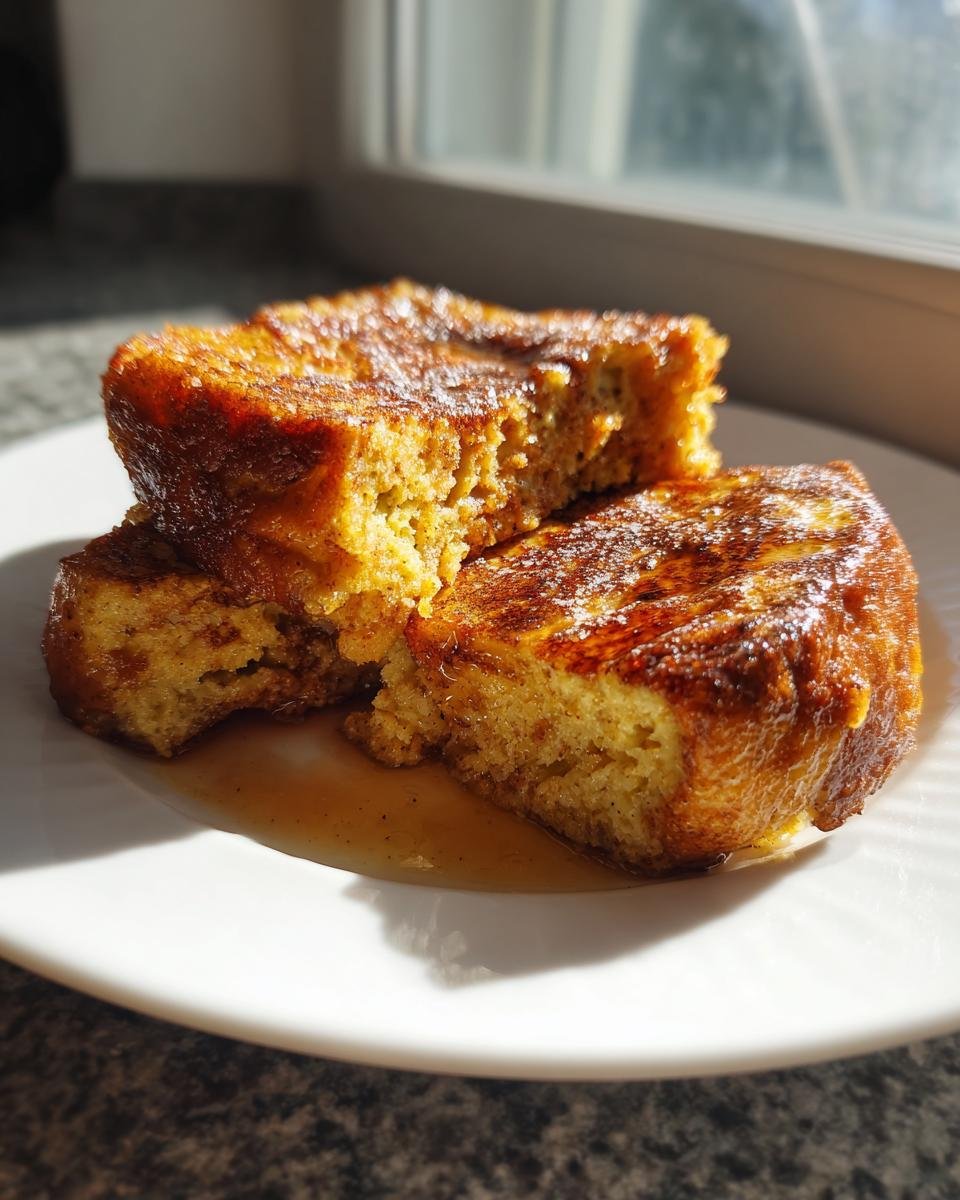 Zwei Stücke goldbrauner Banana Bread Stuffed French Toast auf einem weißen Teller mit Ahornsirup.