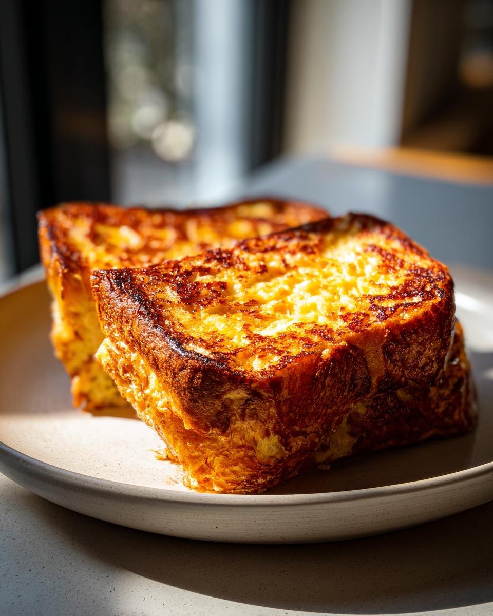 Zwei dicke Scheiben goldbraun gebratenes Banana Bread Stuffed French Toast auf einem Teller.