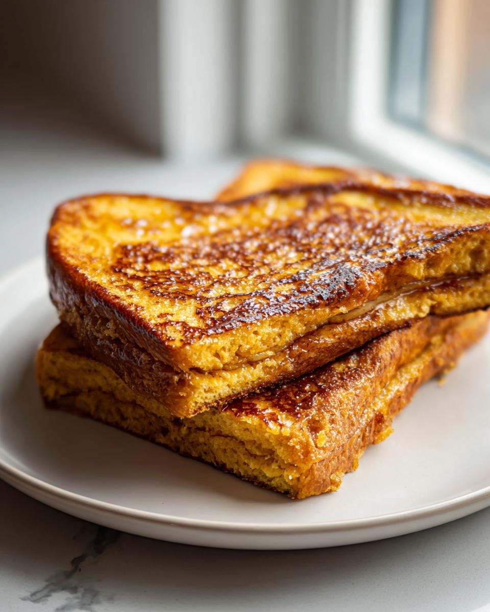 Nahaufnahme von zwei gestapelten Scheiben goldbraunem Banana Bread Stuffed French Toast auf einem Teller.