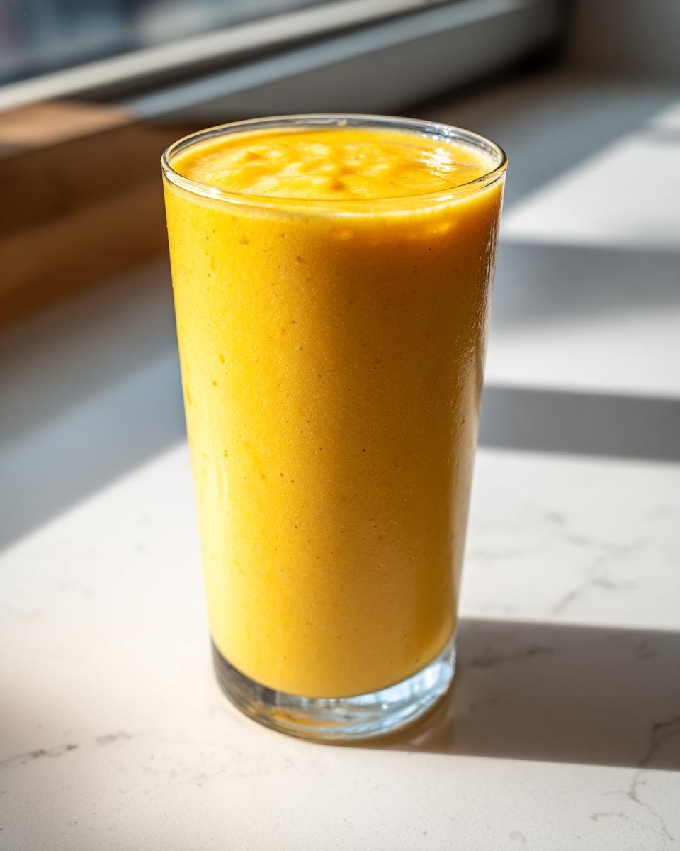 Ein hohes Glas mit einem leuchtend gelben Banana Mango Smoothie, beleuchtet von Sonnenlicht.