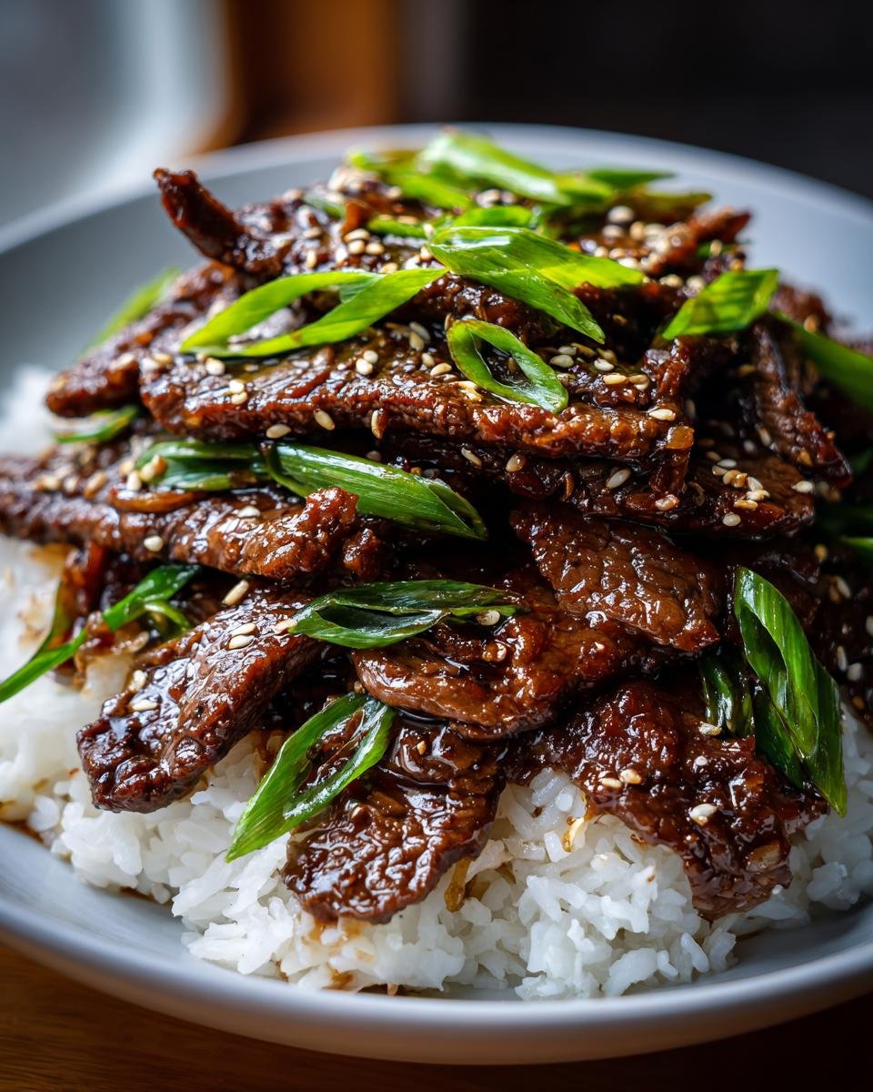 Nahaufnahme von zartem Beef Bulgogi in gl&auml;nzender So&szlig;e, serviert auf wei&szlig;em Reis und garniert mit Fr&uuml;hlingszwiebeln.