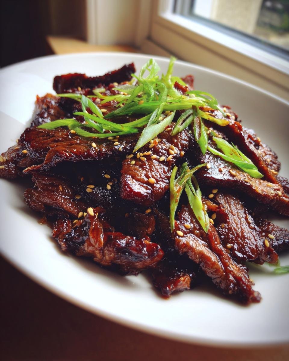 Nahaufnahme von gl&auml;nzendem, mariniertem Beef Bulgogi, garniert mit Fr&uuml;hlingszwiebeln und Sesam.