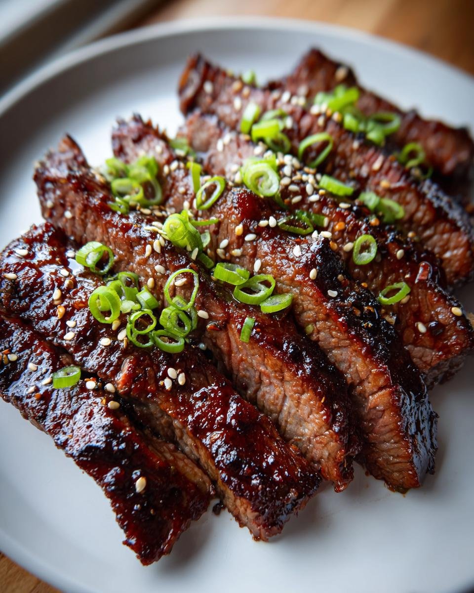 Aufgeschnittenes Beef Bulgogi mit gl&auml;nzender Marinade, bestreut mit Sesam und Fr&uuml;hlingszwiebeln.
