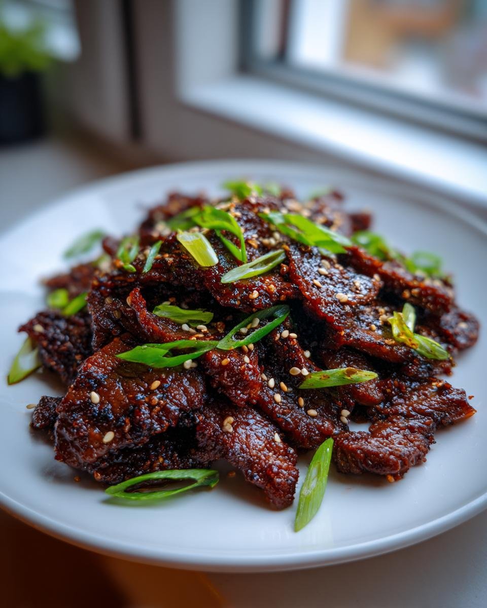 Nahaufnahme von zartem Beef Bulgogi, glasiert und bestreut mit Sesam und Fr&uuml;hlingszwiebeln auf einem wei&szlig;en Teller.