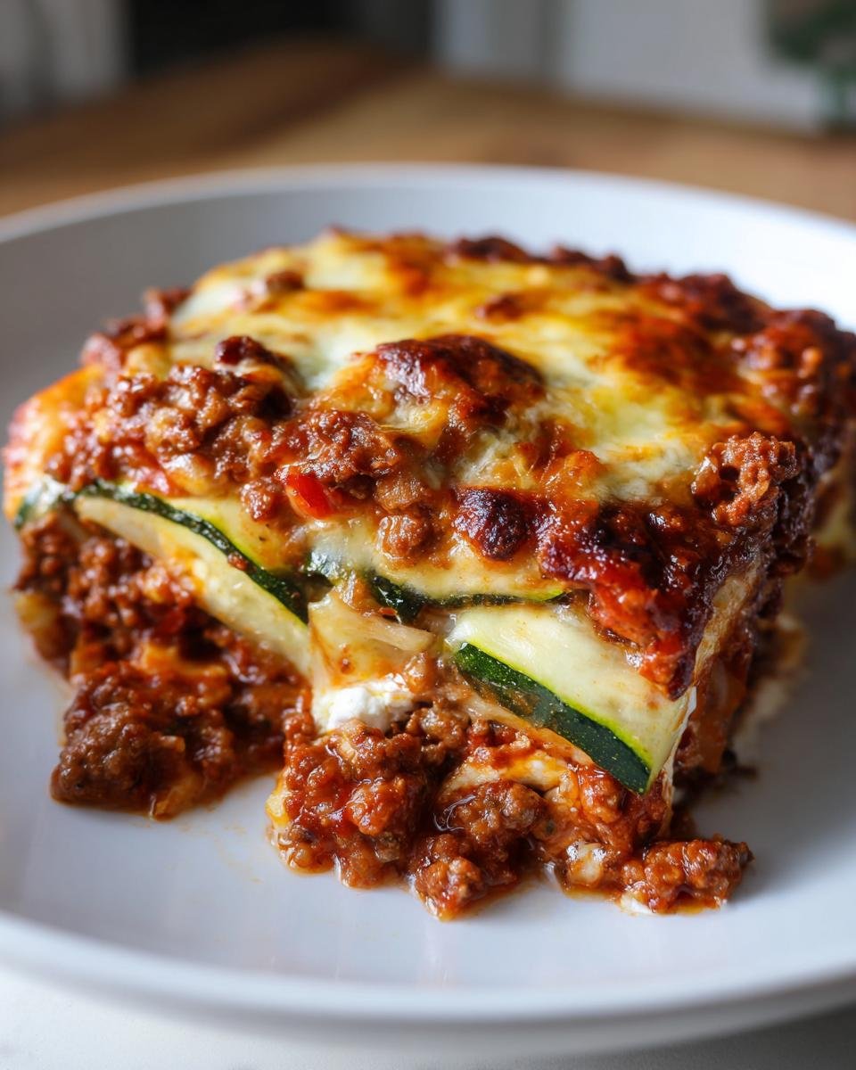 Ein St&uuml;ck Beef Zucchini Casserole mit geschmolzenem K&auml;se und Hackfleischso&szlig;e auf einem wei&szlig;en Teller.