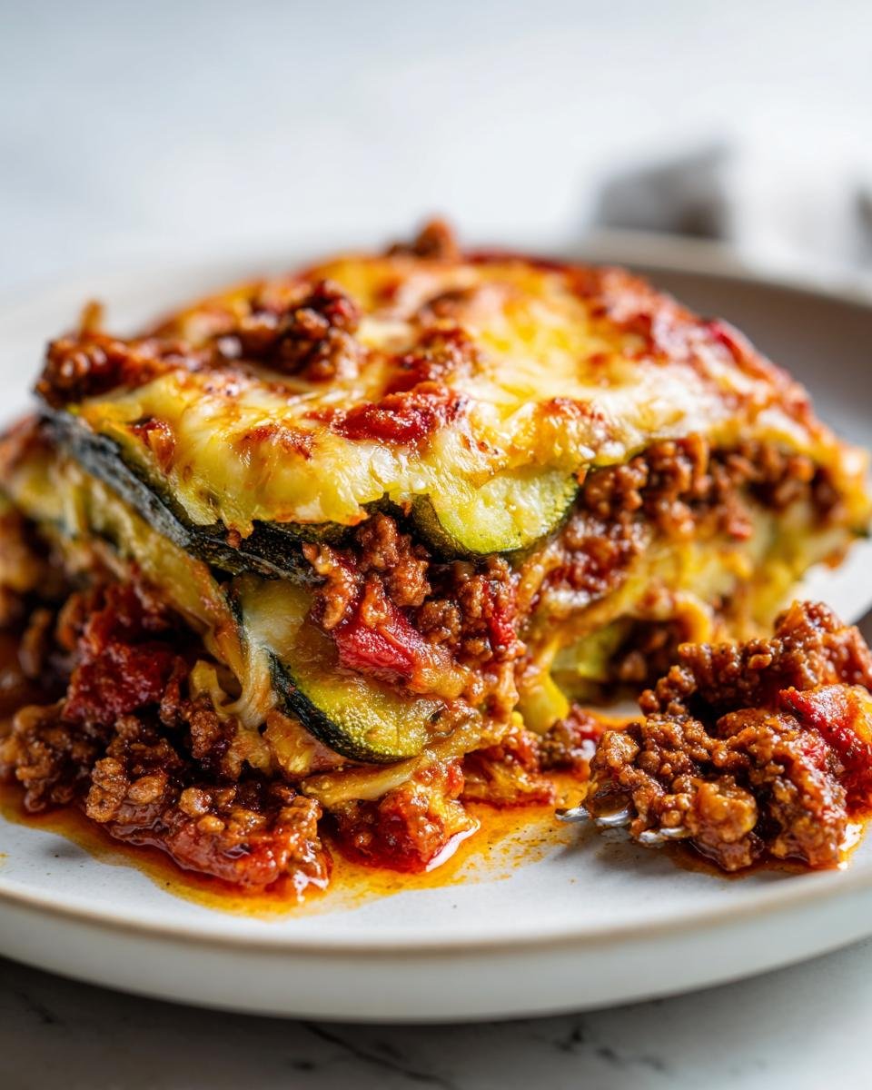 Ein St&uuml;ck saftiger Beef Zucchini Casserole mit geschmolzenem K&auml;se und Hackfleischsauce auf einem Teller.