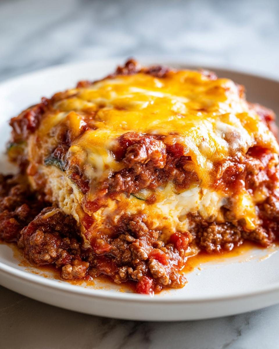 Nahaufnahme eines saftigen St&uuml;cks Beef Zucchini Casserole mit Bolognese-Sauce und geschmolzenem K&auml;se.