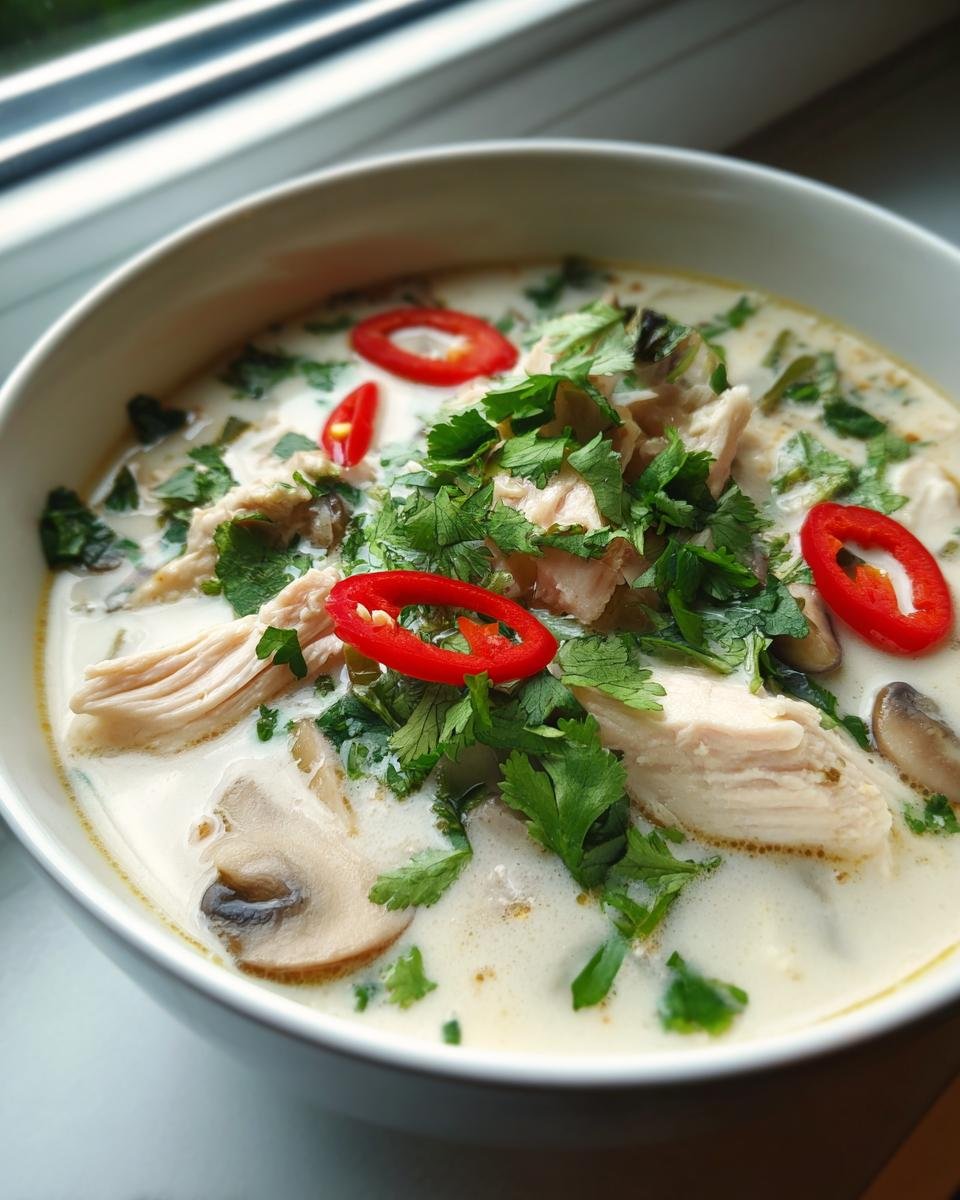 Nahaufnahme einer cremigen Thai Chicken Soup mit H&auml;hnchenstreifen, Pilzen, Koriander und roten Chiliringen.