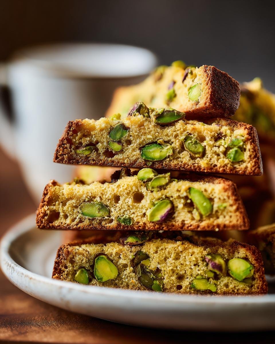 Nahaufnahme von gestapelten, knusprigen Biscotti Pistachio Keksen, reich an leuchtend gr&uuml;nen Pistazienst&uuml;cken.