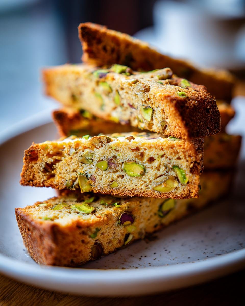 Nahaufnahme von gestapelten, knusprigen Biscotti Pistachio Keksen mit vielen gr&uuml;nen Pistazienst&uuml;ckchen auf einem hellen Teller.