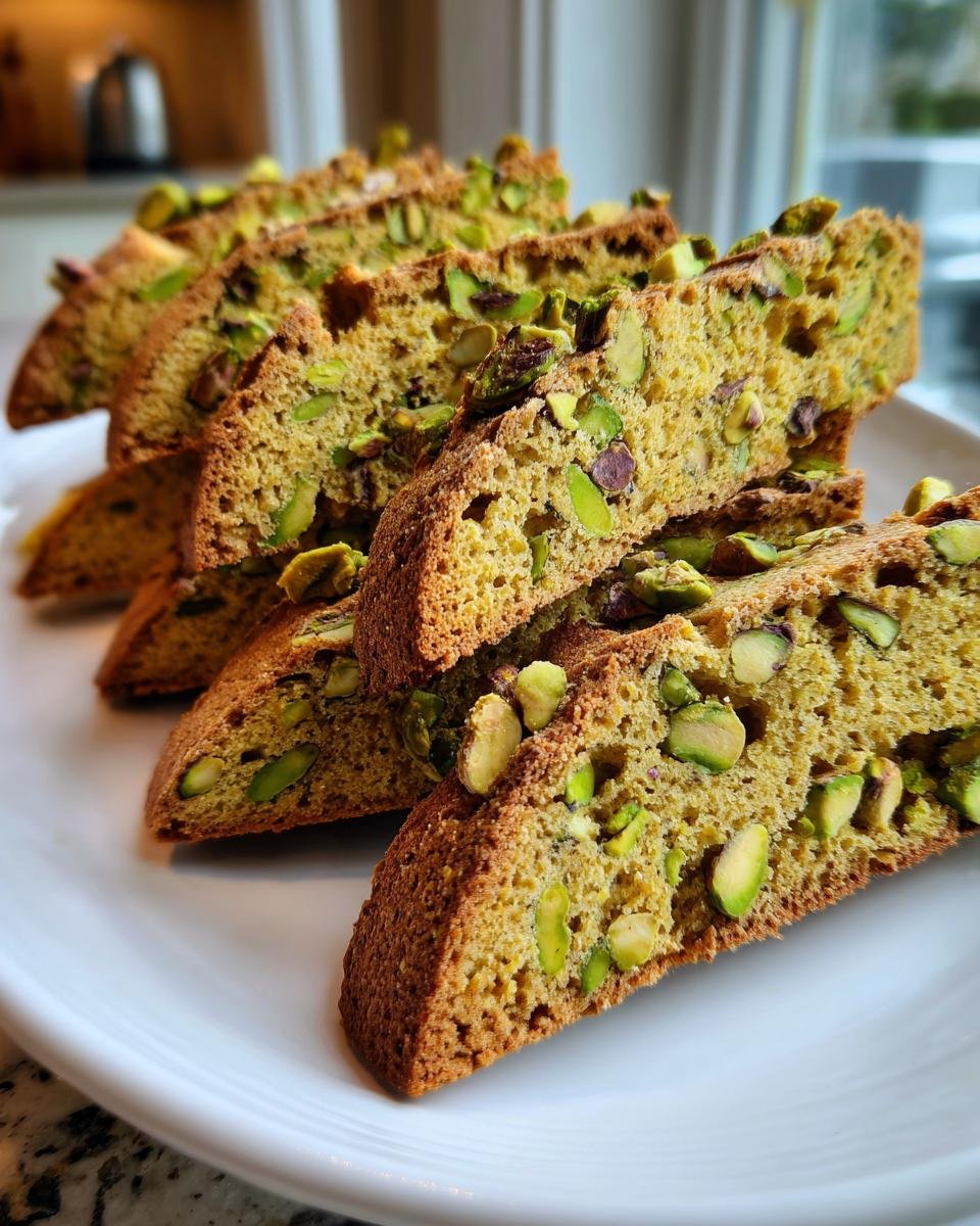 Mehrere Scheiben knusprige Biscotti Pistachio mit vielen gr&uuml;nen Pistazienst&uuml;cken, auf einem wei&szlig;en Teller angerichtet.