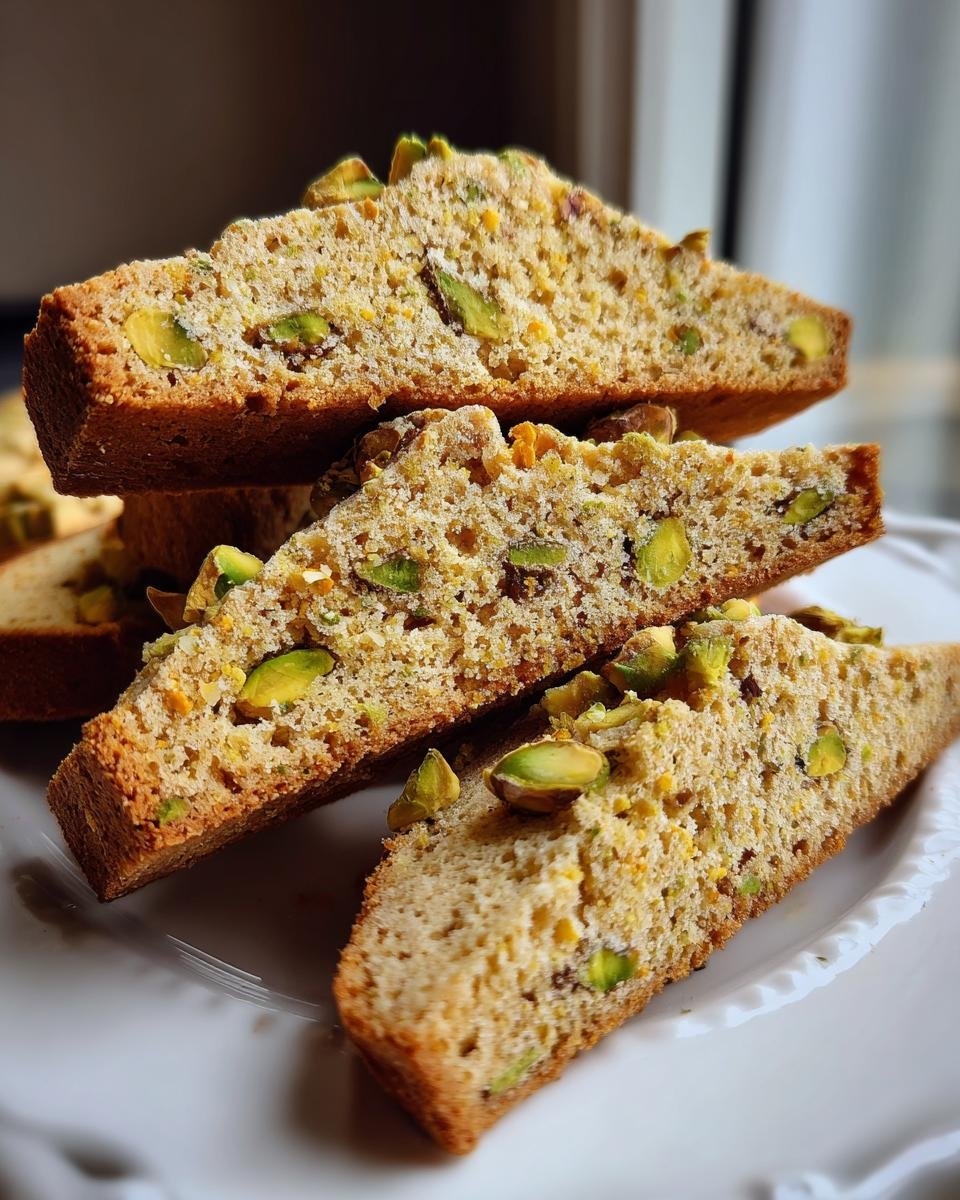 Nahaufnahme von gestapelten, knusprigen Biscotti Pistachio Scheiben mit sichtbaren gr&uuml;nen Pistazienst&uuml;cken.