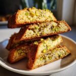 Stapel von knusprigen Biscotti Pistachio mit gr&uuml;nen Pistazienst&uuml;cken auf einem wei&szlig;en Teller.