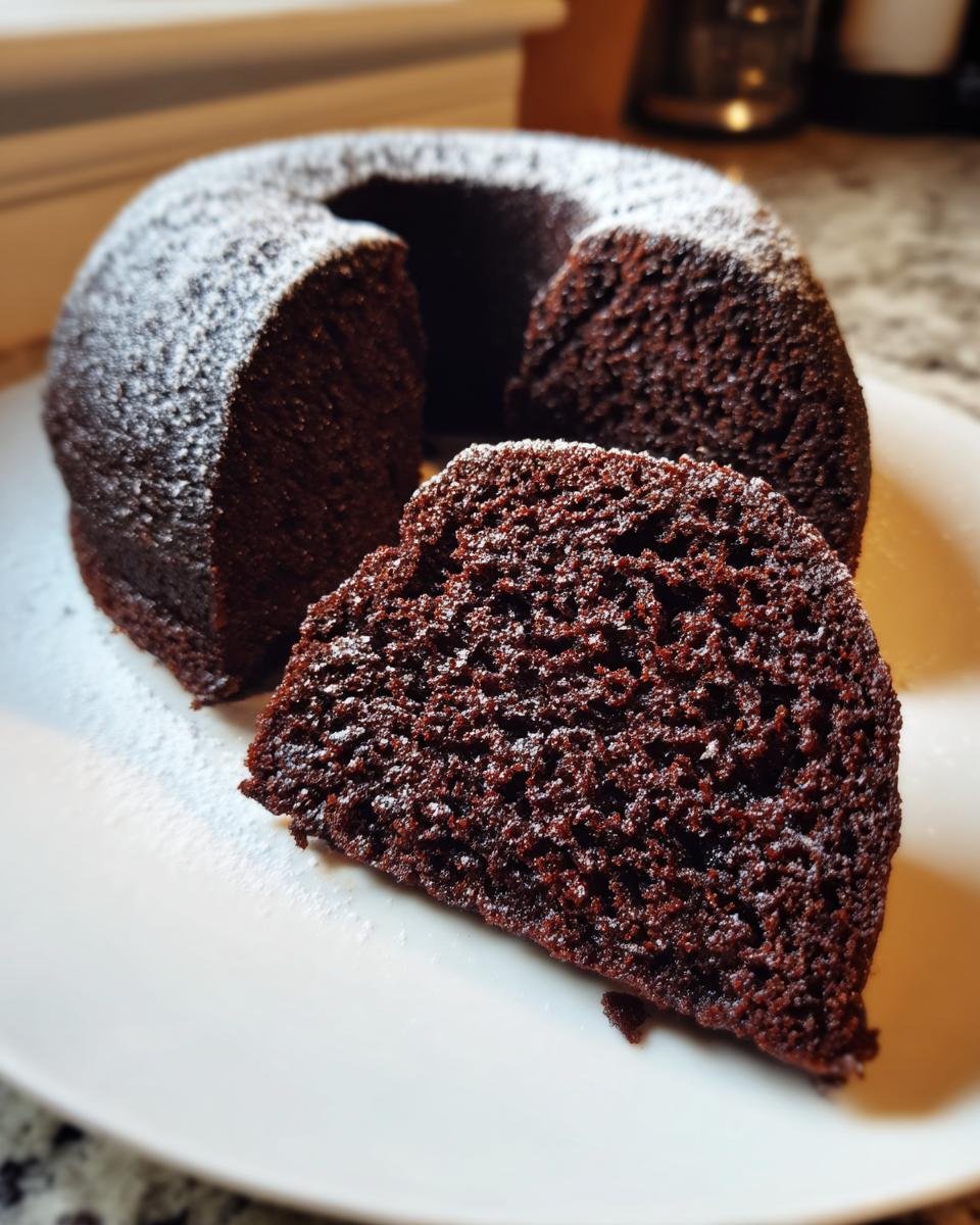 Angeschnittener Black Magic Chocolate Cake, best&auml;ubt mit Puderzucker, auf einem wei&szlig;en Teller.