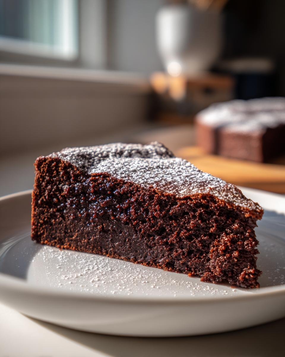 Nahaufnahme eines saftigen St&uuml;cks Black Magic Chocolate Cake, best&auml;ubt mit Puderzucker auf einem Teller.