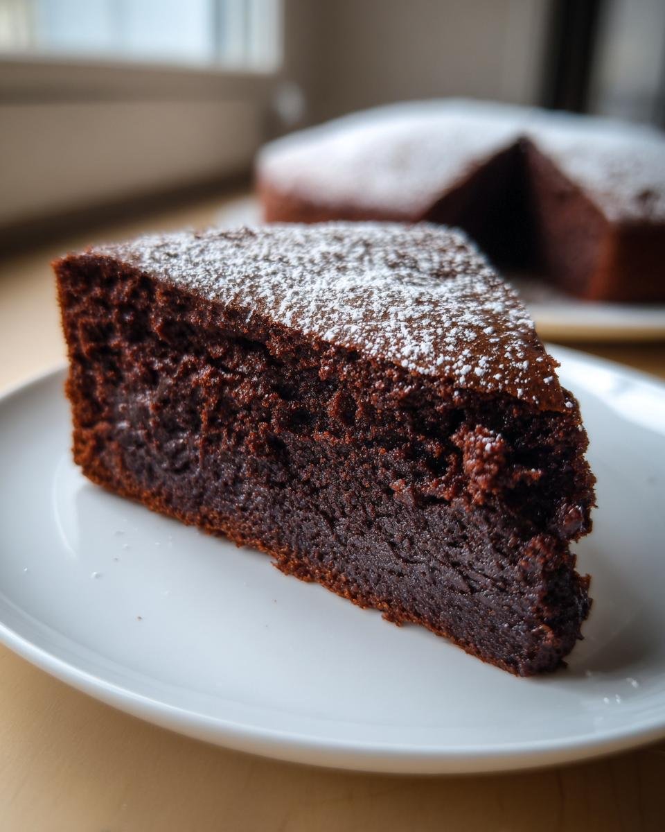 Nahaufnahme eines St&uuml;cks Black Magic Chocolate Cake, best&auml;ubt mit Puderzucker, auf einem wei&szlig;en Teller.
