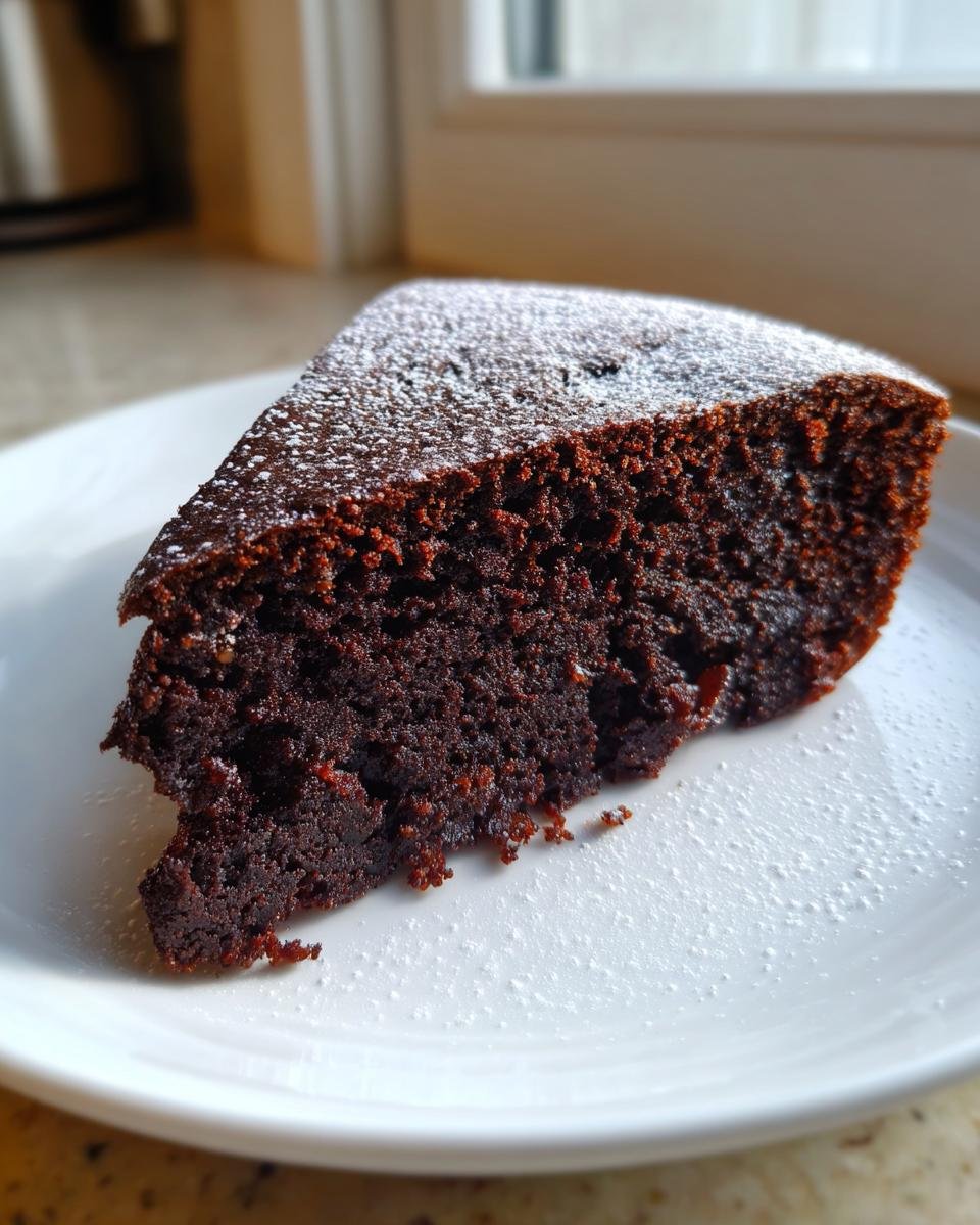 Nahaufnahme eines saftigen St&uuml;cks Black Magic Chocolate Cake, best&auml;ubt mit Puderzucker auf einem wei&szlig;en Teller.