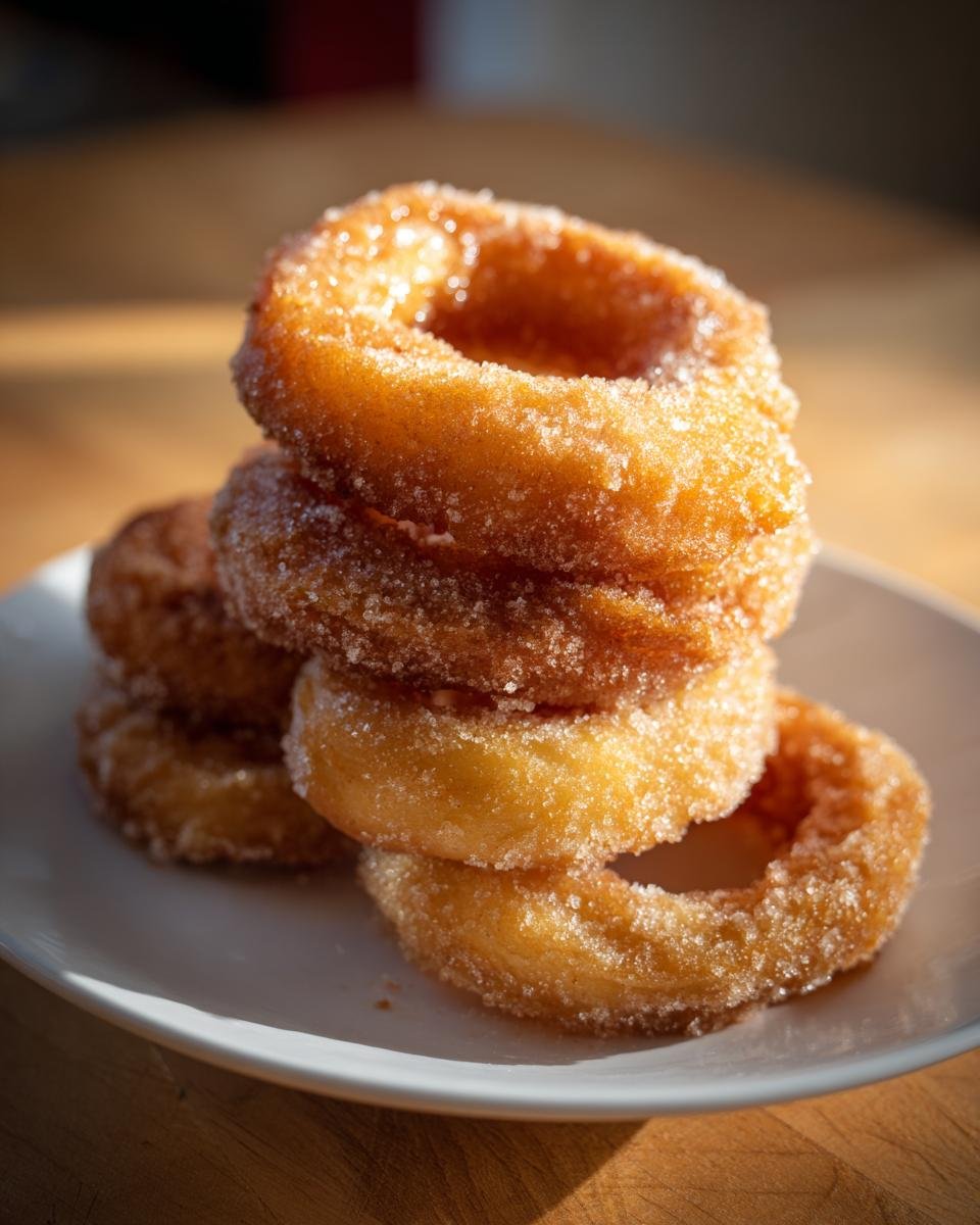 Stapel von frittierten, goldbraunen Apple Rings, dick mit Zucker bestreut, auf einem weißen Teller.
