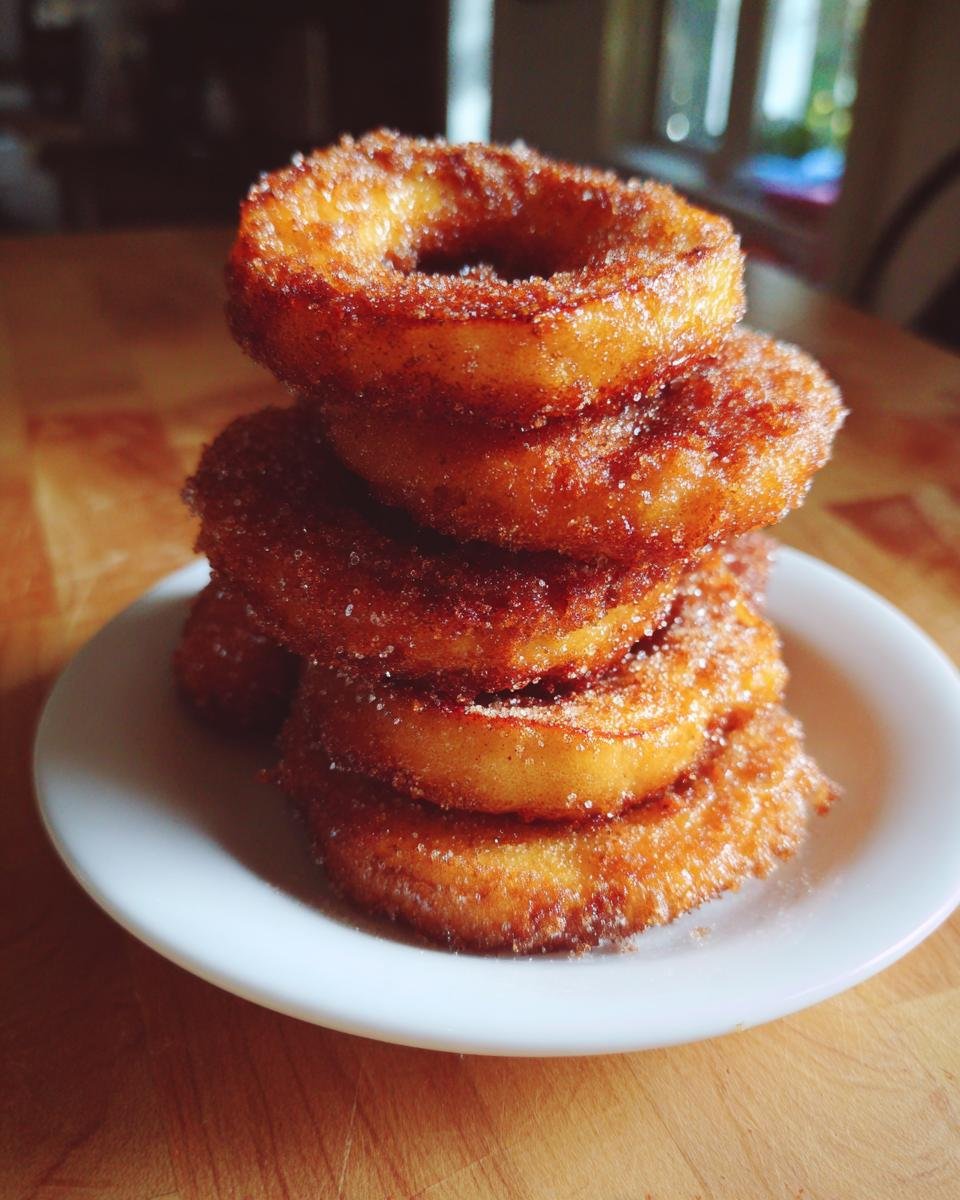 Stapel von fünf goldbraunen, frittierten Apple Rings, bedeckt mit Zimt und Zucker, auf einem weißen Teller.