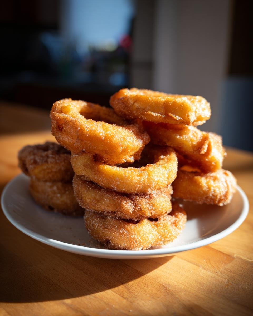 Ein Stapel goldbrauner, frittierter Apple Rings, bedeckt mit Zimt und Zucker, auf einem weißen Teller.