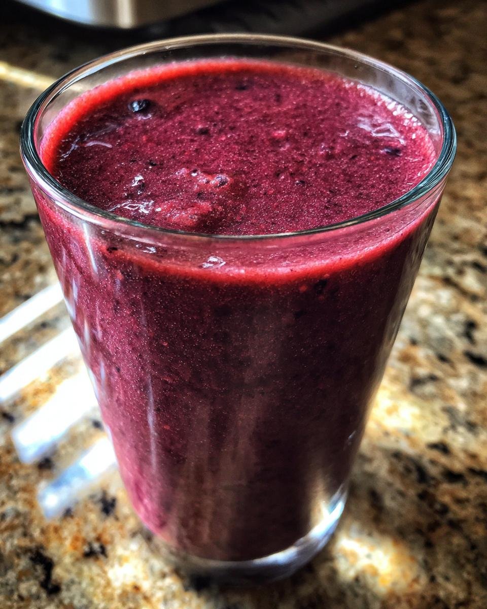 Nahaufnahme eines dunkelroten Blueberry Pomegranate Smoothie in einem Glas auf einer Granit-Arbeitsplatte.