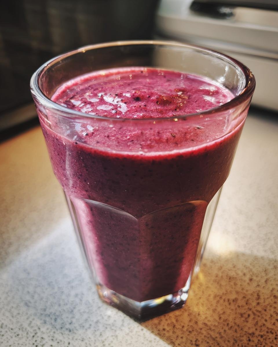 Nahaufnahme eines tiefvioletten Blueberry Pomegranate Smoothie in einem Glas auf einer hellen Arbeitsfl&auml;che.