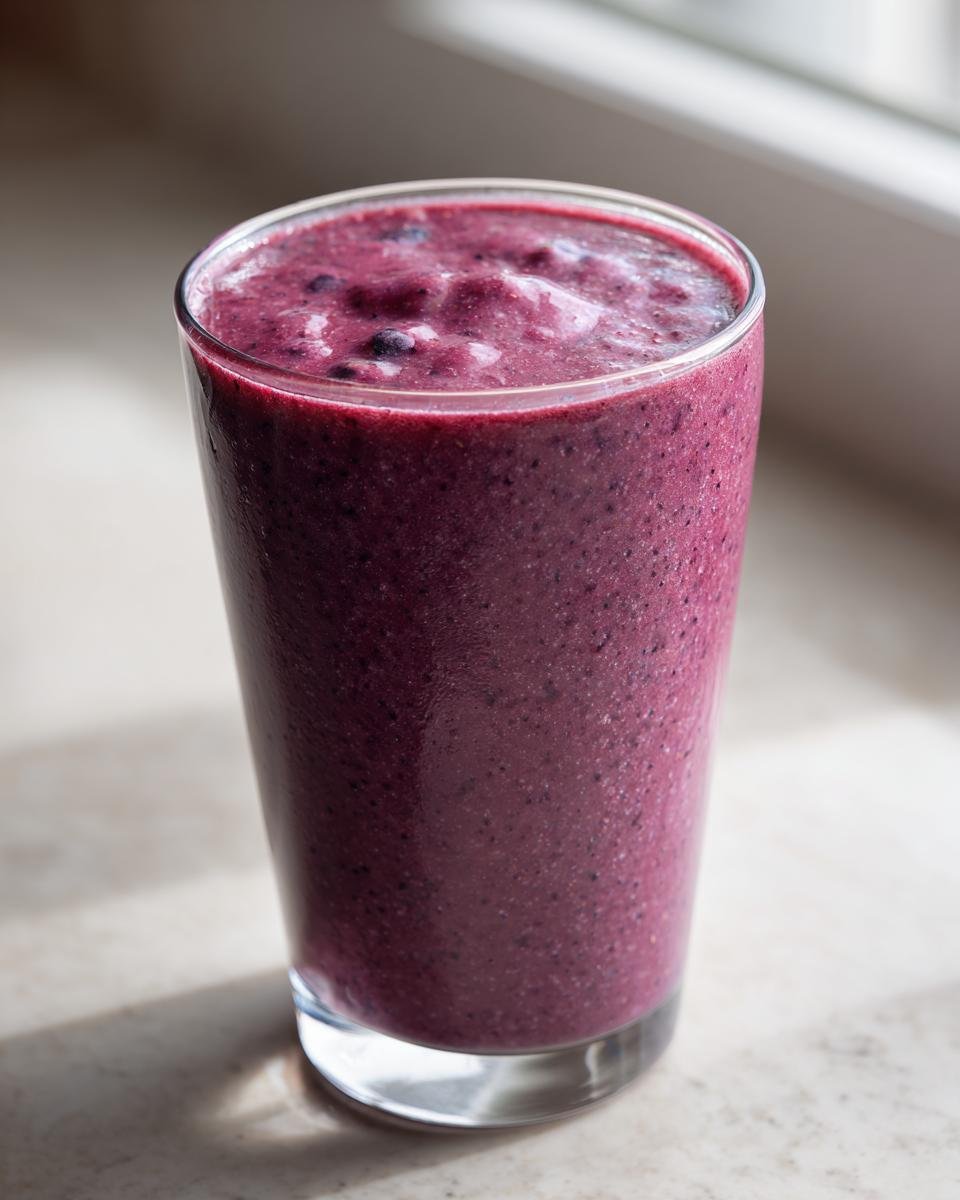 Nahaufnahme eines hohen Glases mit einem dicken, violetten Blueberry Pomegranate Smoothie.