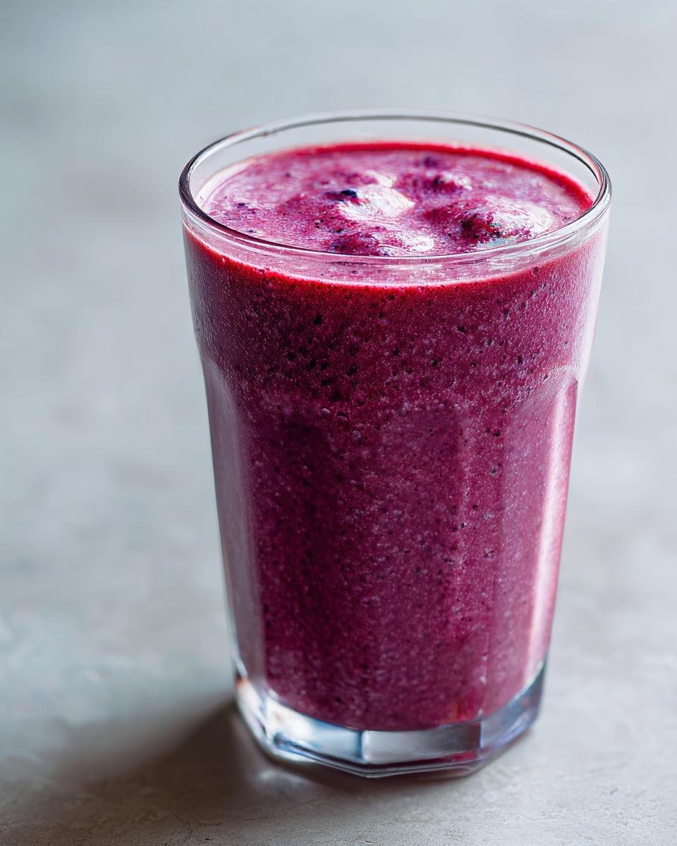 Nahaufnahme eines tiefvioletten Blueberry Pomegranate Smoothie in einem hohen Glas auf hellem Untergrund.