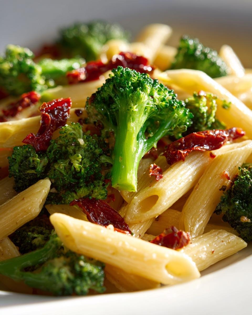 Nahaufnahme von Penne-Nudeln mit leuchtend gr&uuml;nem Brokkoli und getrockneten Tomaten.
