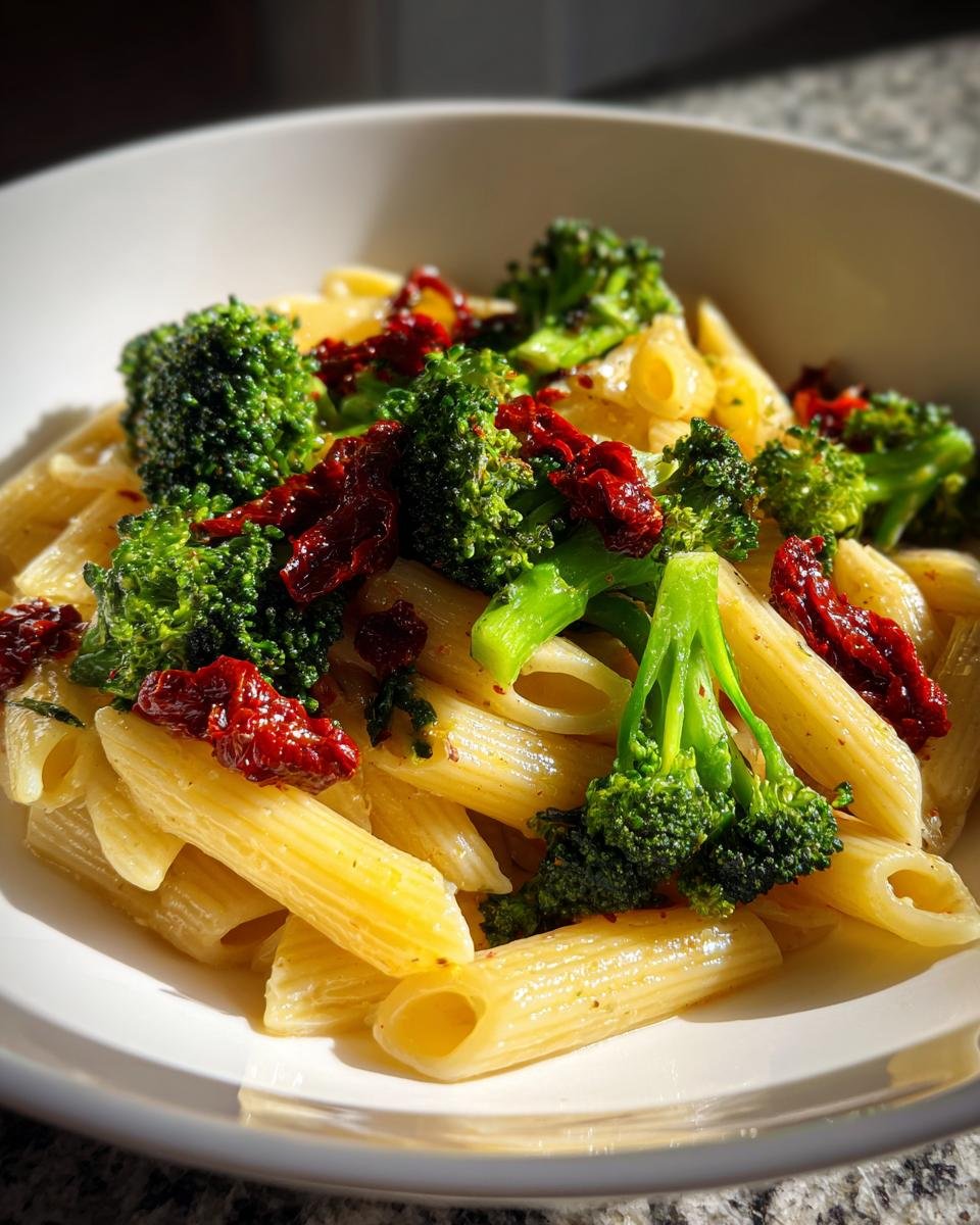 Nahaufnahme von Penne Pasta mit leuchtend gr&uuml;nem Brokkoli und roten, getrockneten Tomaten: Broccoli And Sun Dried Tomato Pasta.