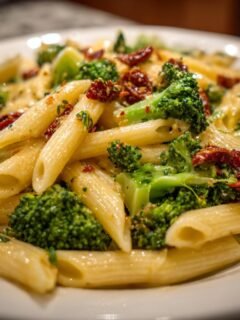 Nahaufnahme von cremiger Broccoli And Sun Dried Tomato Pasta mit Penne-Nudeln und leuchtend grünen Brokkoliröschen.