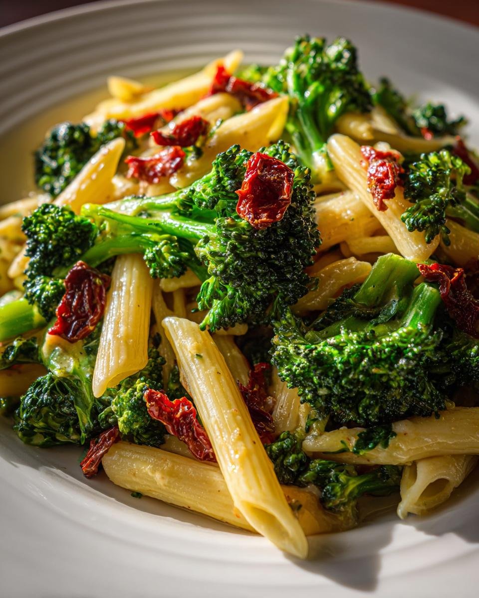 Nahaufnahme von cremiger Broccoli And Sun Dried Tomato Pasta mit Penne Nudeln und leuchtend gr&uuml;nen R&ouml;schen.