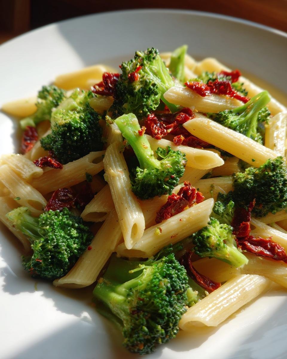 Nahaufnahme von Broccoli And Sun Dried Tomato Pasta mit Penne-Nudeln auf einem wei&szlig;en Teller.