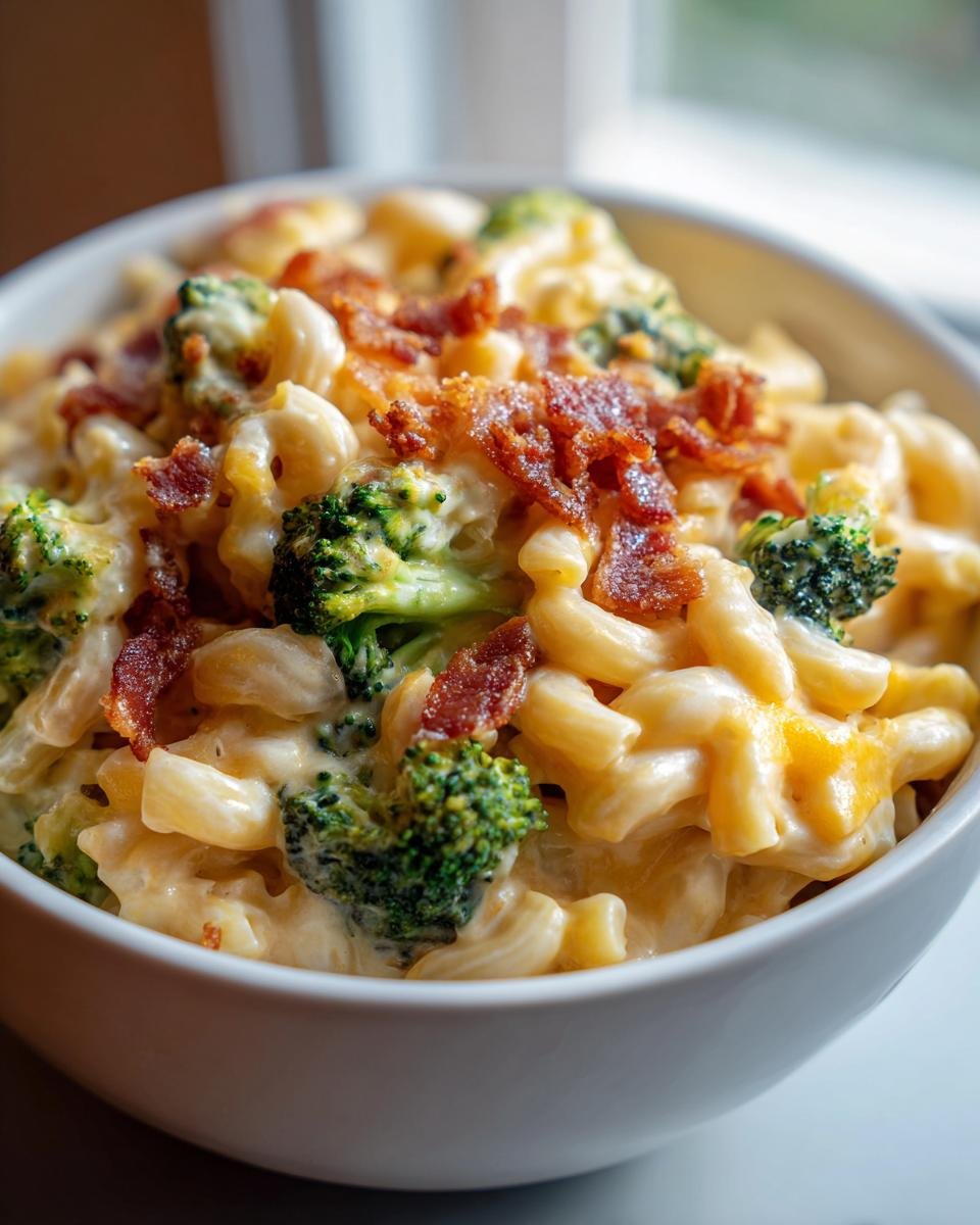 Nahaufnahme von cremigem Broccoli Bacon Macaroni And Cheese mit knusprigem Speck in einer weißen Schüssel.