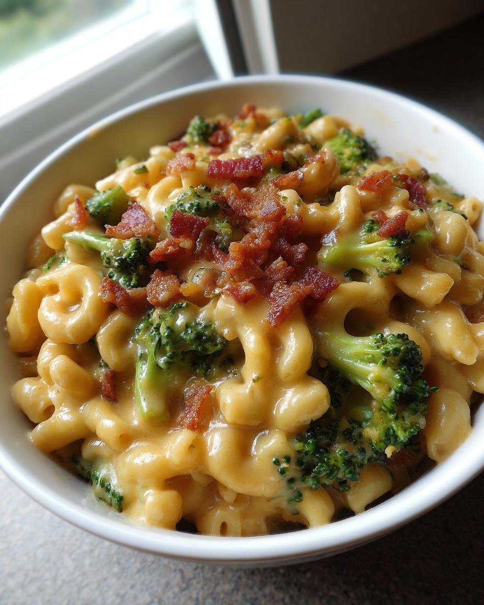 Nahaufnahme von cremigem Broccoli Bacon Macaroni And Cheese in einer weißen Schüssel.
