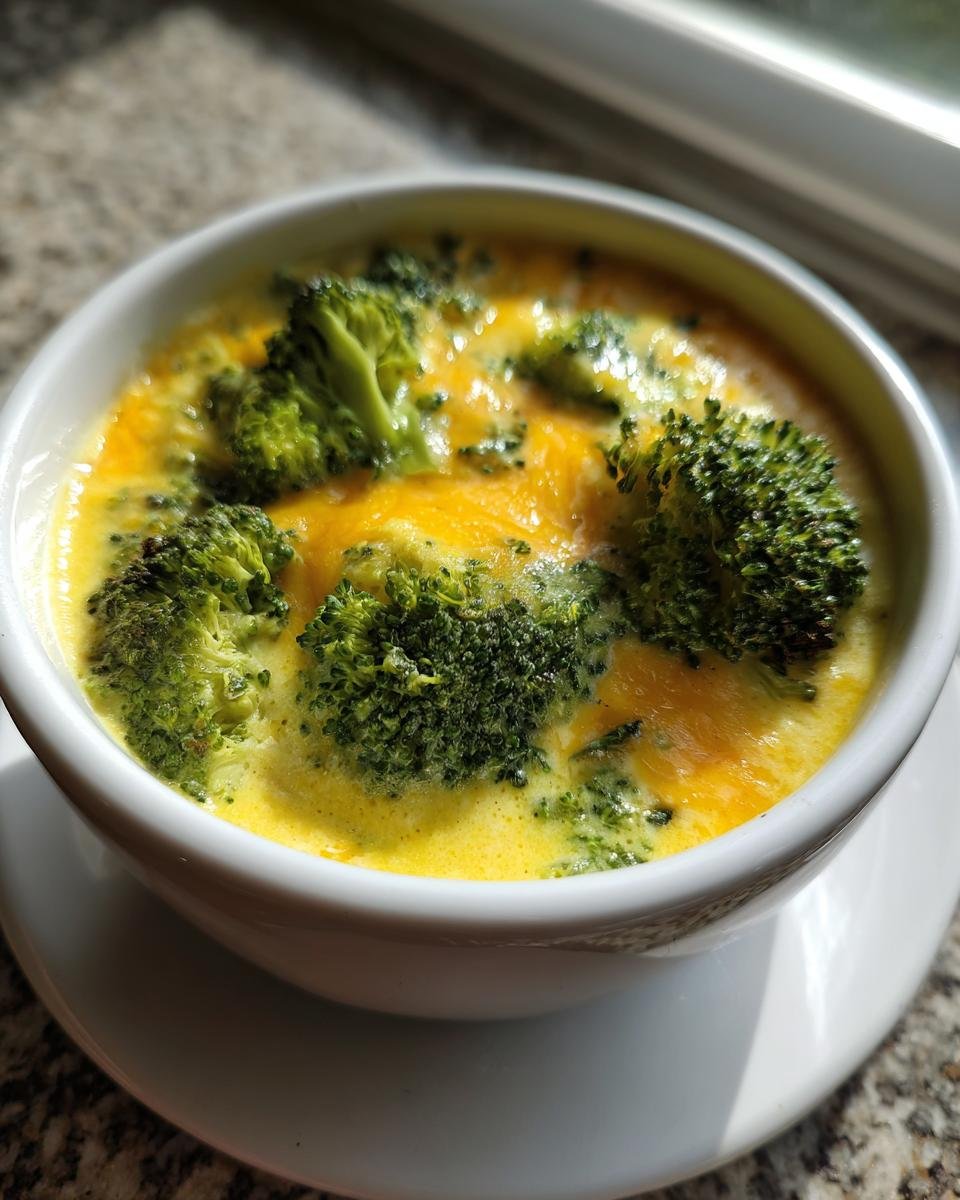 Nahaufnahme einer Sch&uuml;ssel mit cremiger Broccoli Cheese Soup, bedeckt mit geschmolzenem K&auml;se und Brokkolir&ouml;schen.