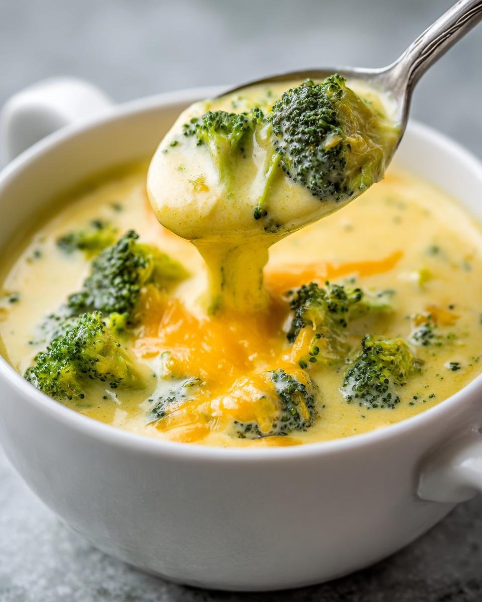 Ein L&ouml;ffel hebt cremige, gelbe Broccoli Cheese Soup mit gro&szlig;en Brokkolir&ouml;schen und geschmolzenem K&auml;se hervor.